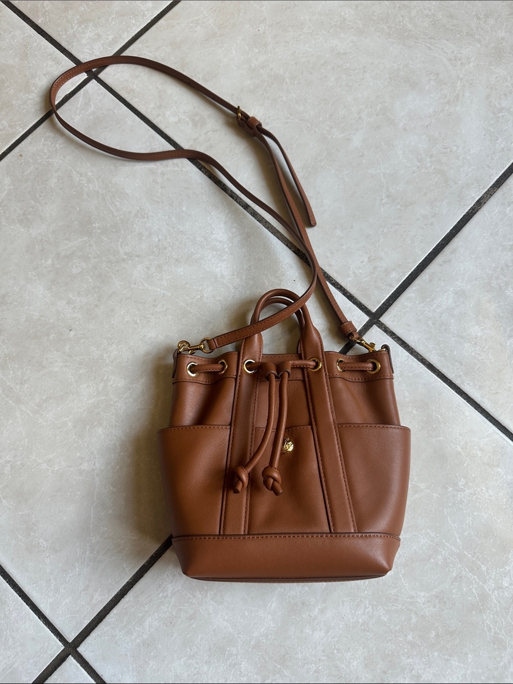 Veronica Beard Brown Leather Drawstring Bucket Bag - Women